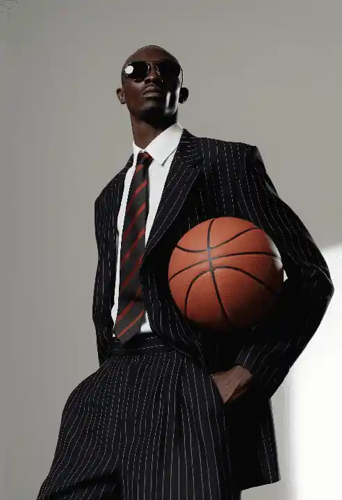 Stylish man in a pinstripe suit holding a basketball